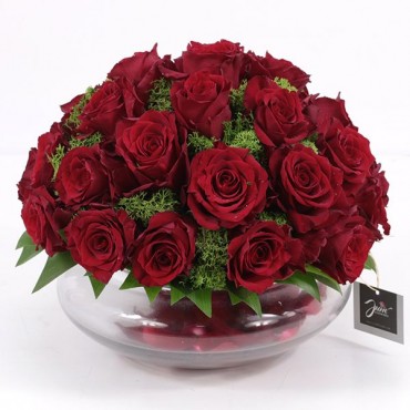 30 Red Roses with Round Glass Vase